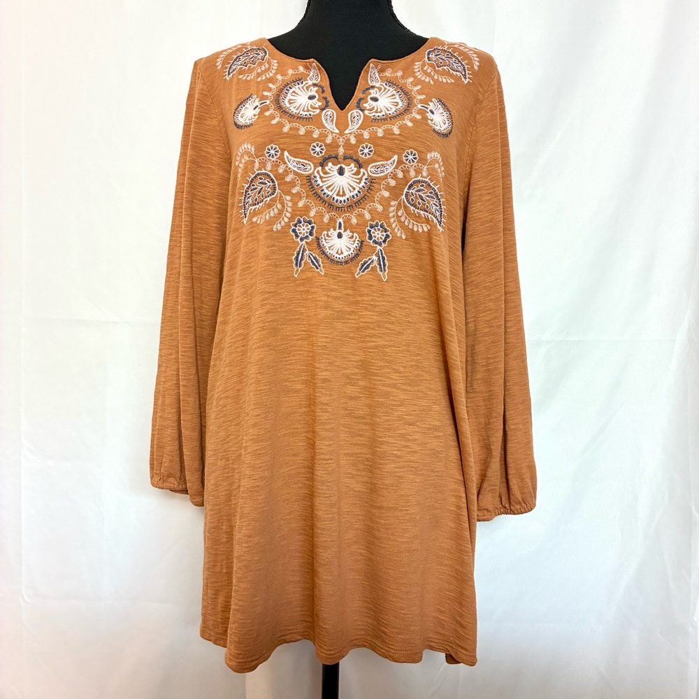J.Jill Embroidered Boho Tunic Top Medium Tall Brown Long Sleeve Cotton Modal